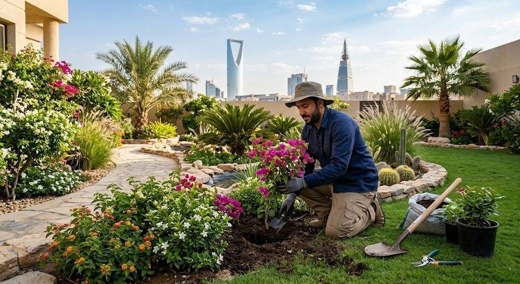 فريق عمل محترف يقوم بتصميم وتنسيق الحدائق بدقة وإبداع باستخدام أحدث المعدات وأجود أنواع النباتات والعشب ضمن خدمات تنسيق حدائق سلوى بالكويت لضمان مظهر جمالي خلاب وراحة العملاء.
