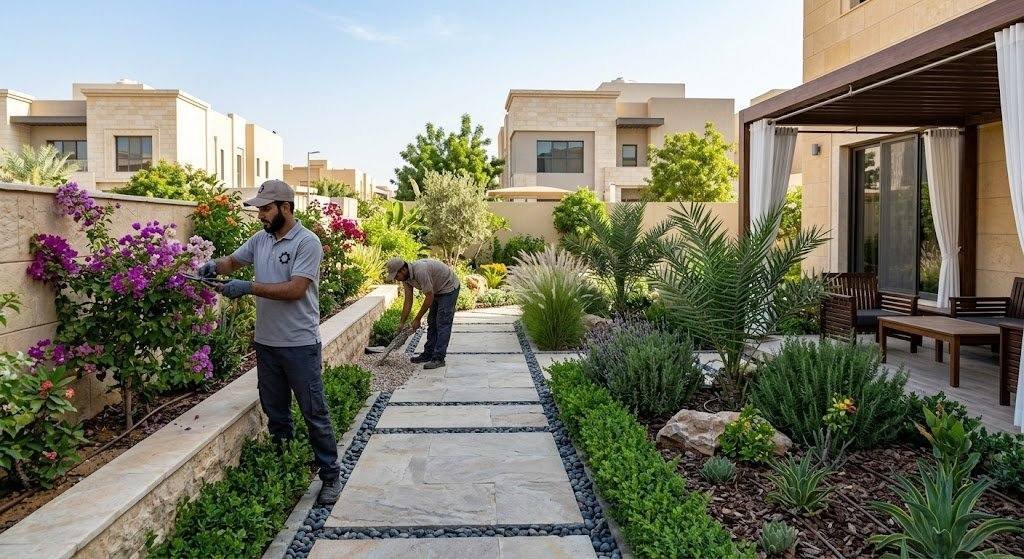 فريق عمل محترف يقوم بأعمال تنسيق وتنظيم وزراعة الحدائق بدقة وأمان باستخدام أحدث المعدات الزراعية ضمن خدمات تنسيق حدائق غرناطة بالكويت لضمان مظهر جمالي رائع وراحة العملاء.