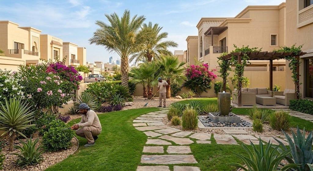 فريق عمل محترف يقوم بأعمال تصميم وتنسيق الحدائق وزراعة النباتات بدقة وأمان باستخدام أحدث المعدات والأدوات الزراعية ضمن خدمات تنسيق حدائق المسايل بالكويت لضمان مساحات خضراء راقية وراحة العملاء.