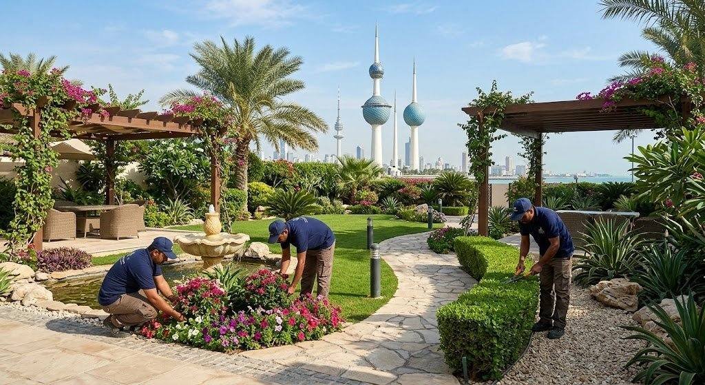 فريق عمل محترف يقوم بأعمال تصميم وتنسيق الحدائق بدقة وإبداع باستخدام أحدث المعدات والنباتات المتنوعة ضمن خدمات تنسيق حدائق الرحاب بالكويت لضمان مظهر جمالي خلاب وراحة العملاء.